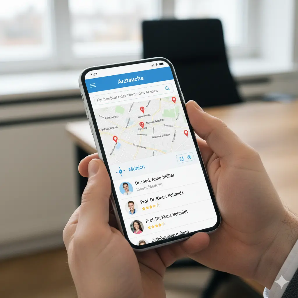 Eine Person benutzt ein Smartphone, um nach einem Arzt zu suchen
