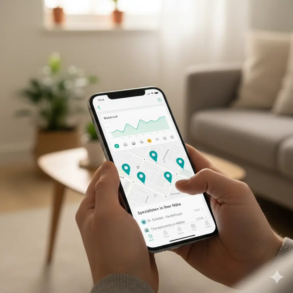 Eine Person interagiert mit einer Gesundheits-App auf ihrem Smartphone